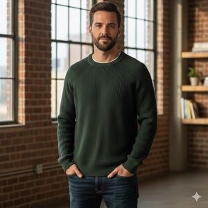 Forest Green Shaker Stitch Crewneck Sweater Raglan Sleeve Cotton Knit Pullover L